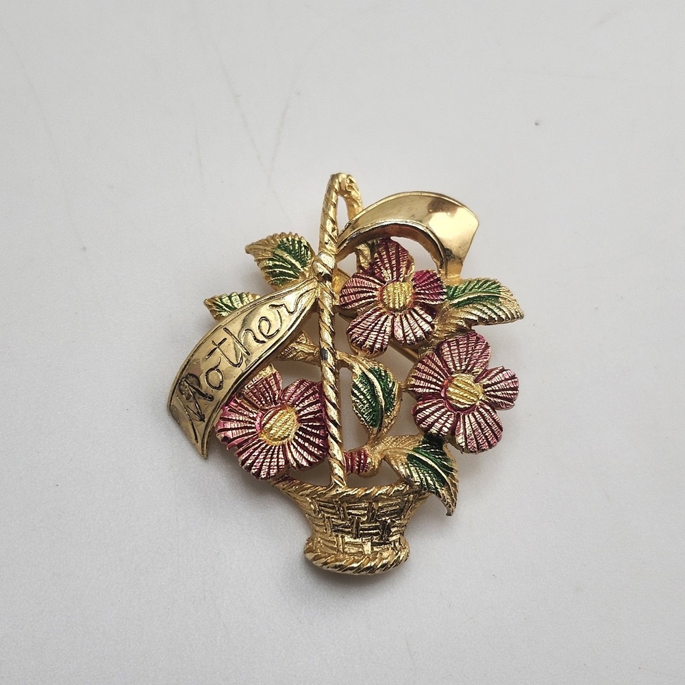 Gold tone Flowers Mother‎ brooch pin 1 1/4"